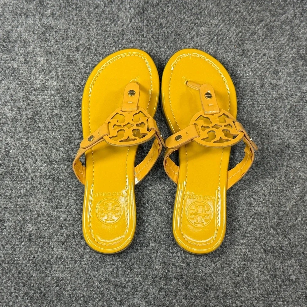 Tory Burch Miller Sandals Womens 6.5 Lemon Yellow Patent Leather Thong Flip Flop